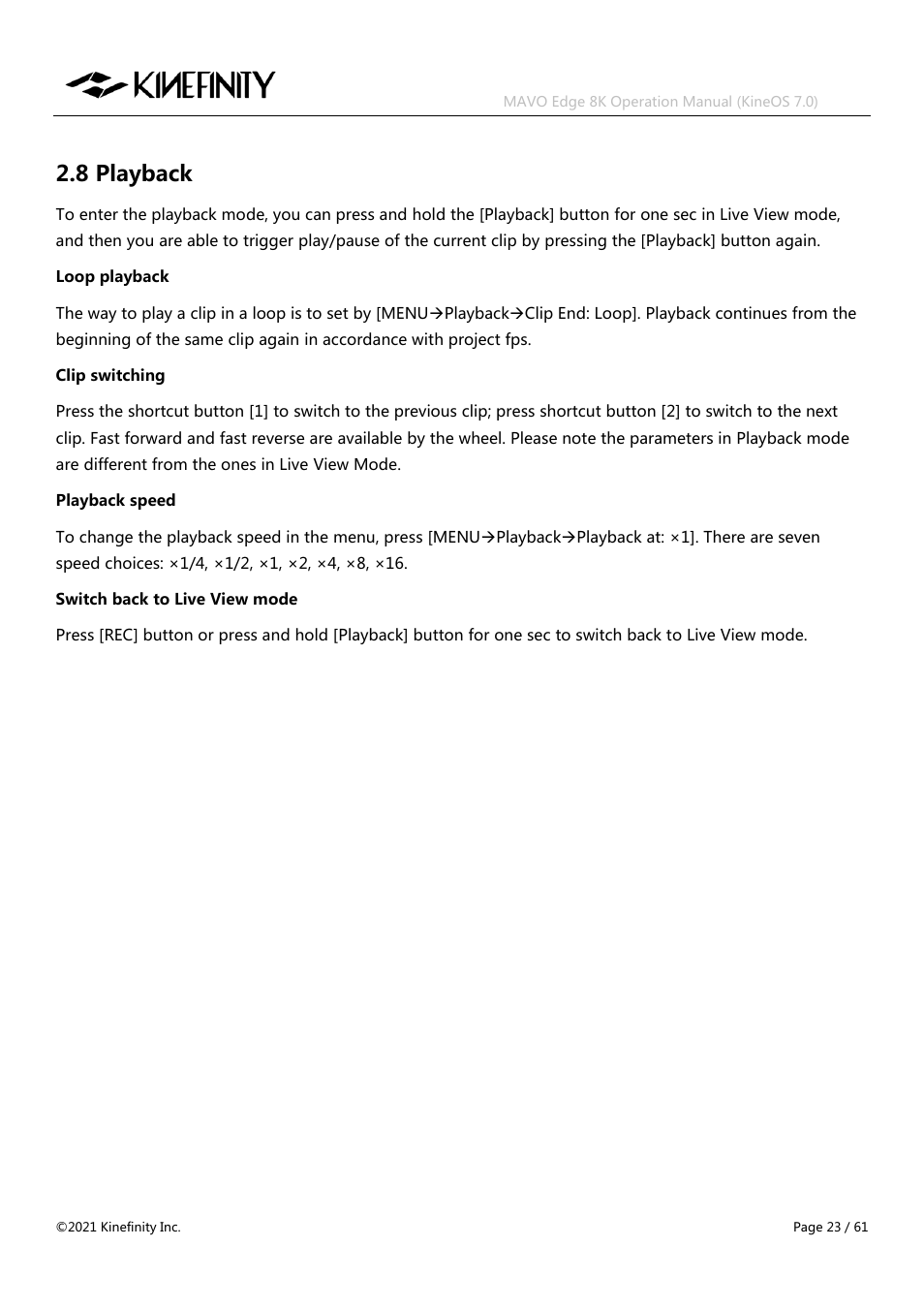8 playback | Kinefinity MAVO Edge 8K Digital Cinema Camera User Manual | Page 23 / 60