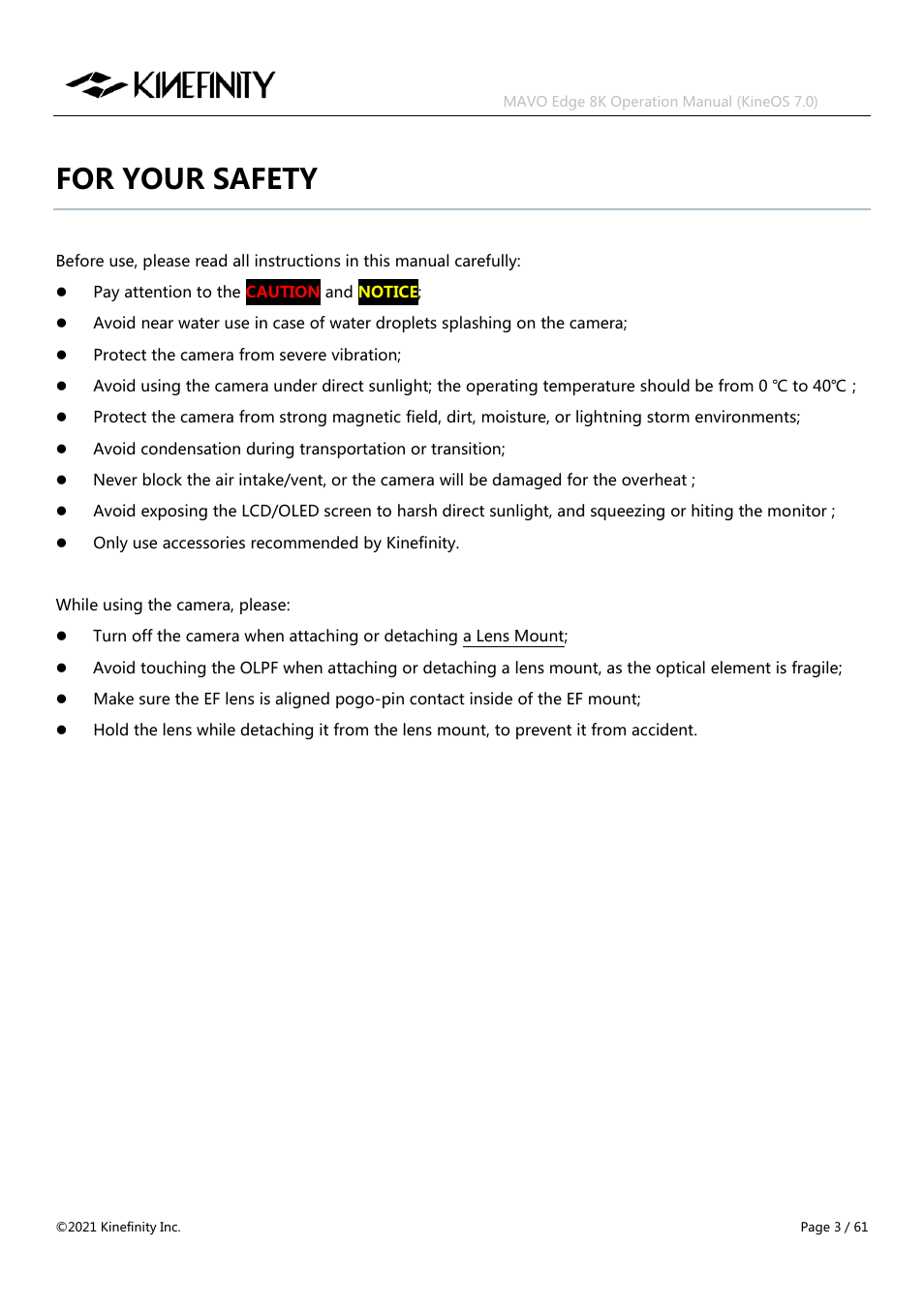 For your safety | Kinefinity MAVO Edge 8K Digital Cinema Camera User Manual | Page 3 / 60