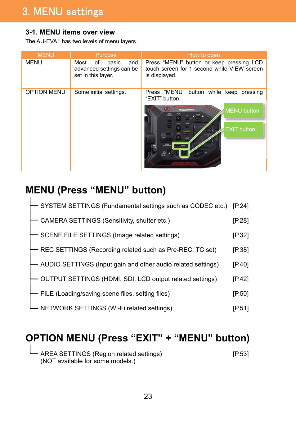 Menu settings, Menu (press “menu” button), Option menu (press “exit” + “menu” button) | Panasonic AU-EVA1 Compact 5.7K Super 35mm Cinema Camera User Manual | Page 23 / 92
