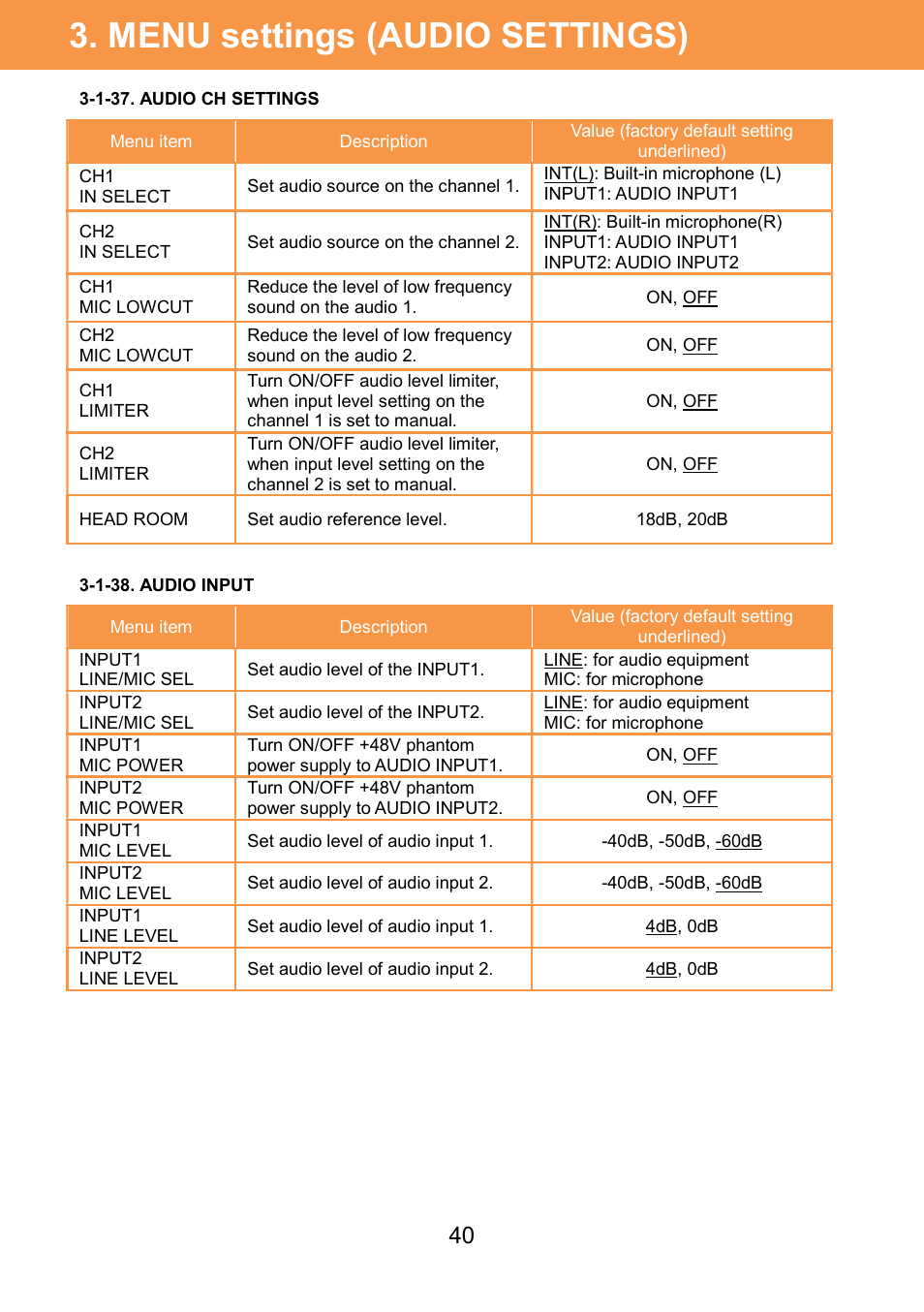 Menu settings (audio settings) | Panasonic AU-EVA1 Compact 5.7K Super 35mm Cinema Camera User Manual | Page 40 / 92