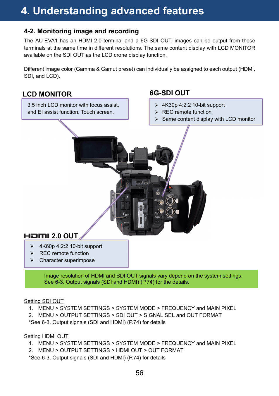 Understanding advanced features, 6g-sdi out 2.0 out, Lcd monitor | Panasonic AU-EVA1 Compact 5.7K Super 35mm Cinema Camera User Manual | Page 56 / 92