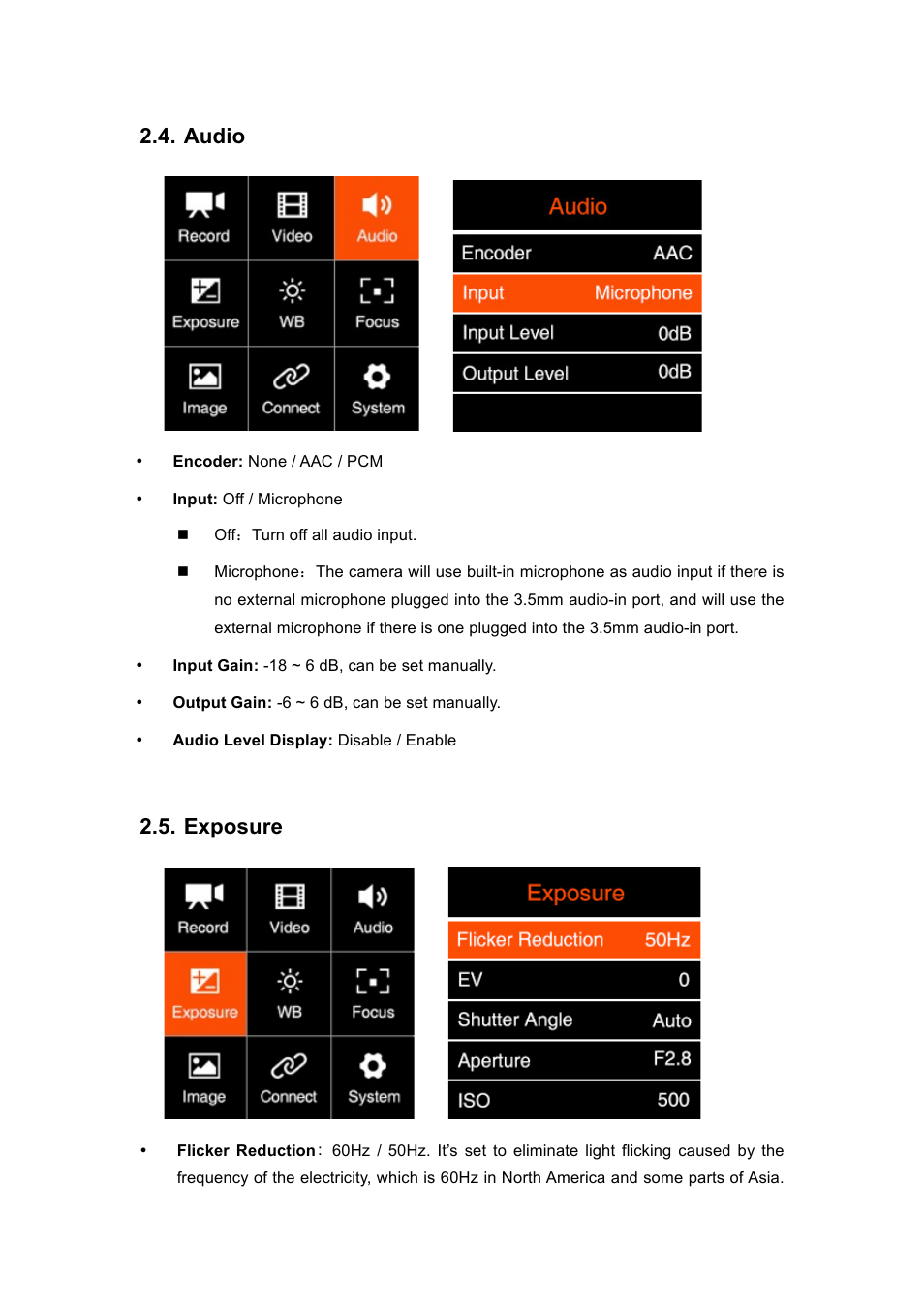 Audio, Exposure | Z CAM E2 4K Cinema Camera User Manual | Page 17 / 39
