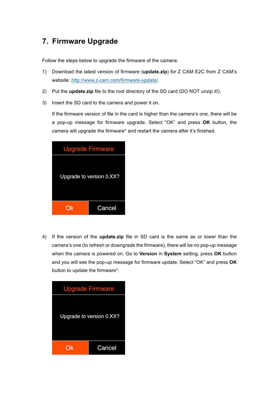 Firmware upgrade | Z CAM E2 4K Cinema Camera User Manual | Page 38 / 39