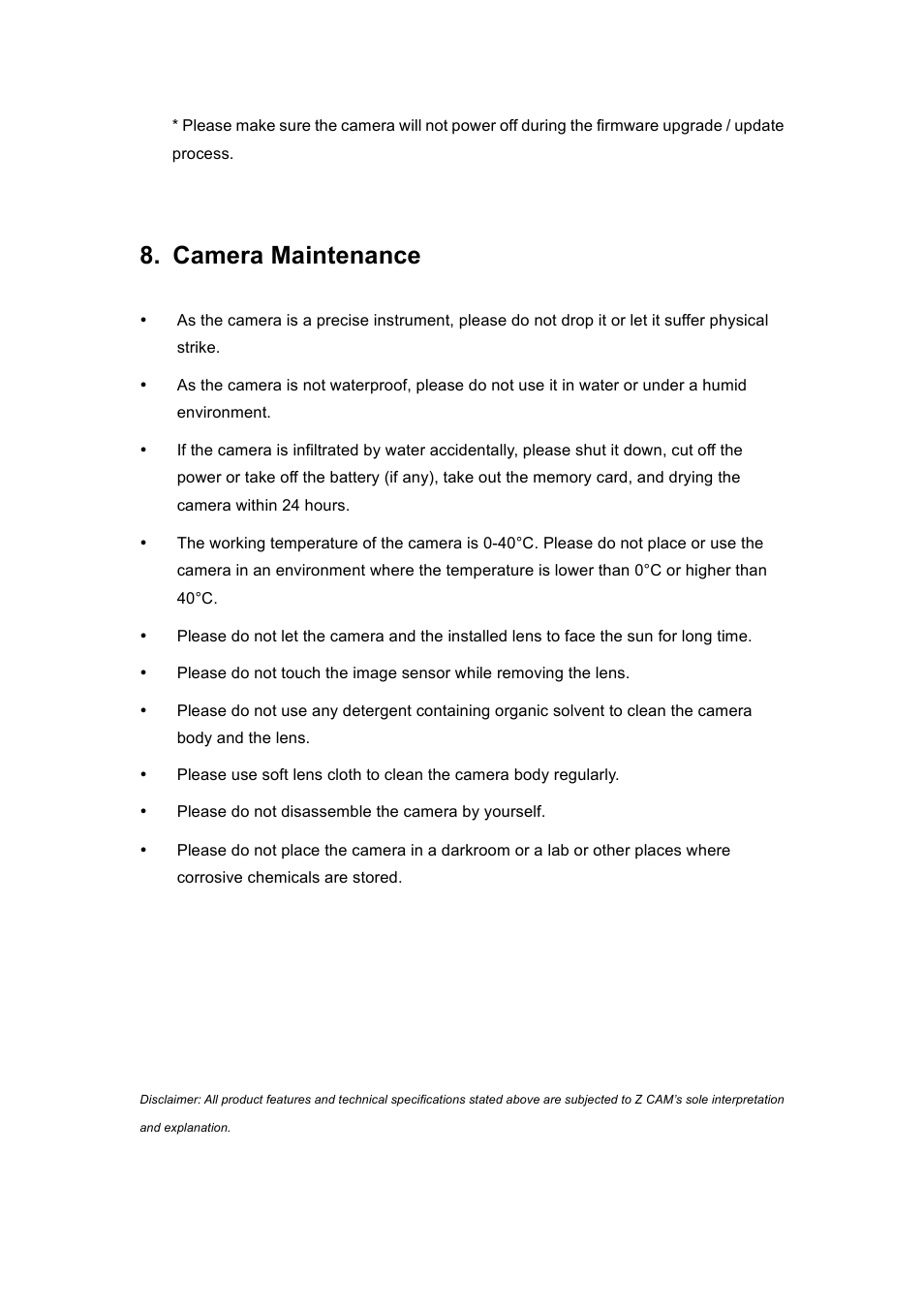 Camera maintenance | Z CAM E2 4K Cinema Camera User Manual | Page 39 / 39