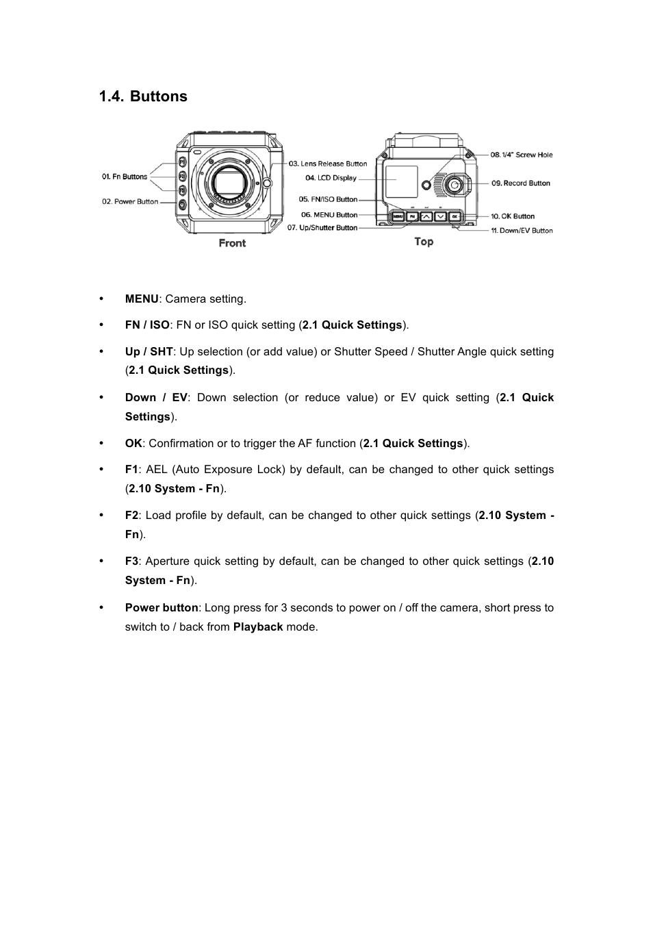 Buttons | Z CAM E2 4K Cinema Camera User Manual | Page 5 / 39
