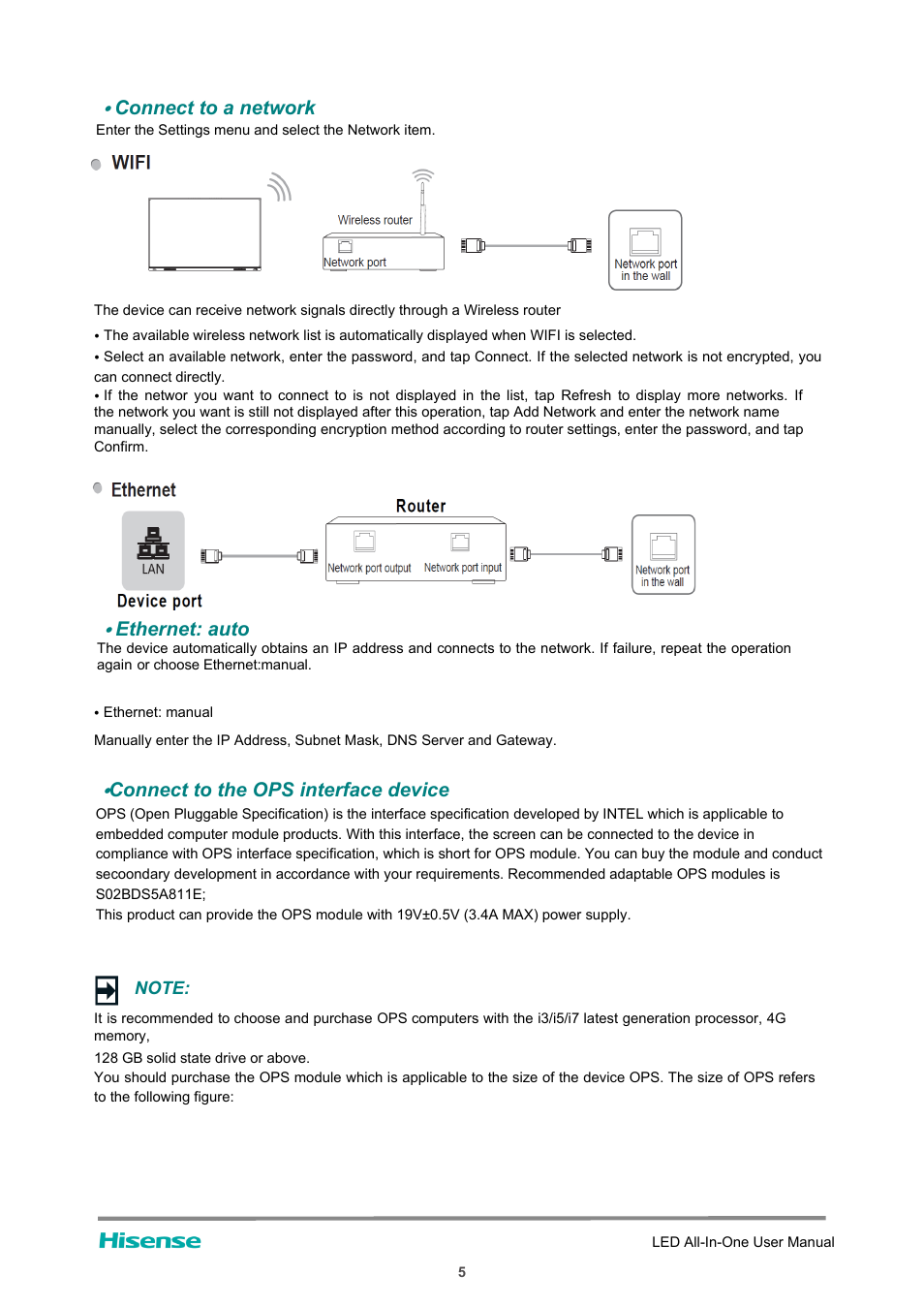 Connect to a network, Ethernet: auto, Connect to the ops interface device | Hisense HAIO163 163" Full HD HDR All-in-One LED Commercial Display User Manual | Page 10 / 51