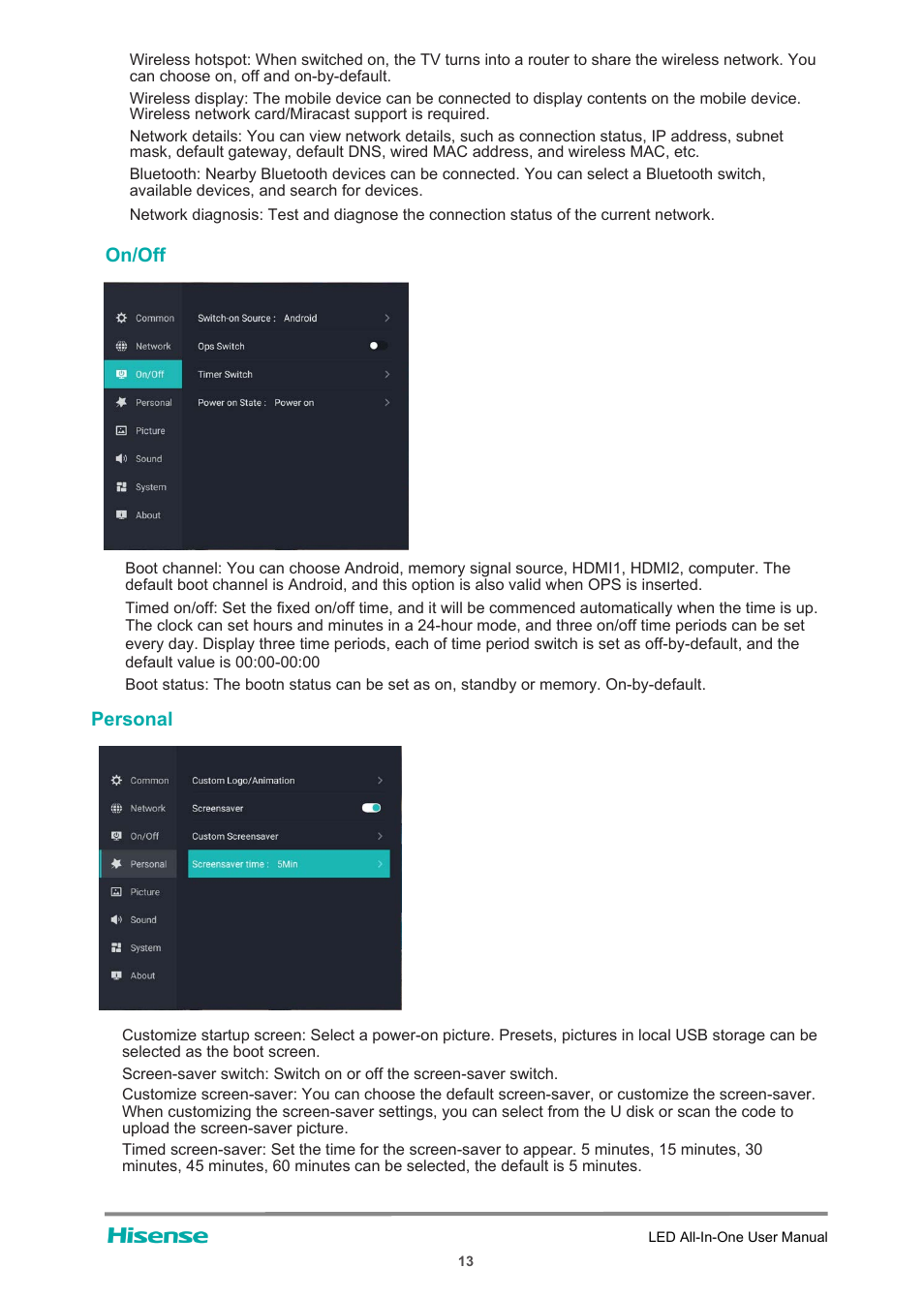 On/off, Personal | Hisense HAIO163 163" Full HD HDR All-in-One LED Commercial Display User Manual | Page 18 / 51