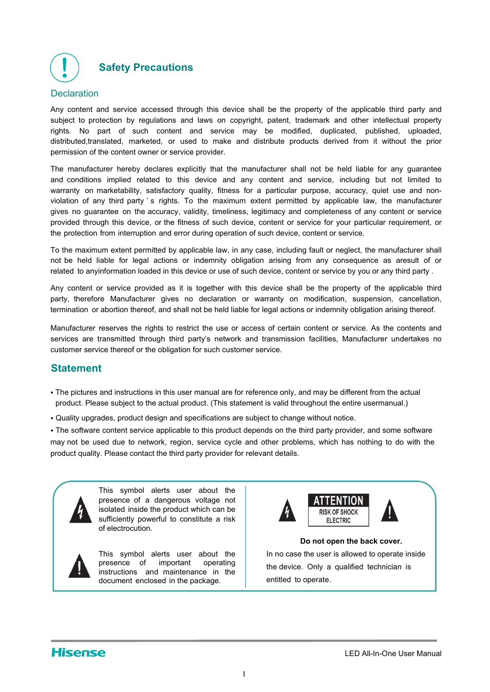 Safety precautions, Statement, Declaration | Hisense HAIO163 163" Full HD HDR All-in-One LED Commercial Display User Manual | Page 2 / 51