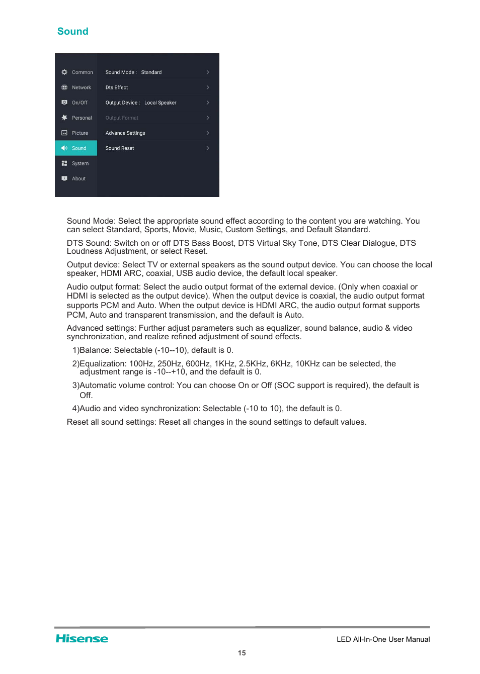 Sound | Hisense HAIO163 163" Full HD HDR All-in-One LED Commercial Display User Manual | Page 20 / 51