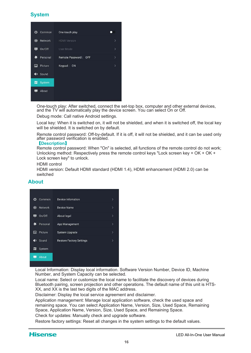 System, About | Hisense HAIO163 163" Full HD HDR All-in-One LED Commercial Display User Manual | Page 21 / 51