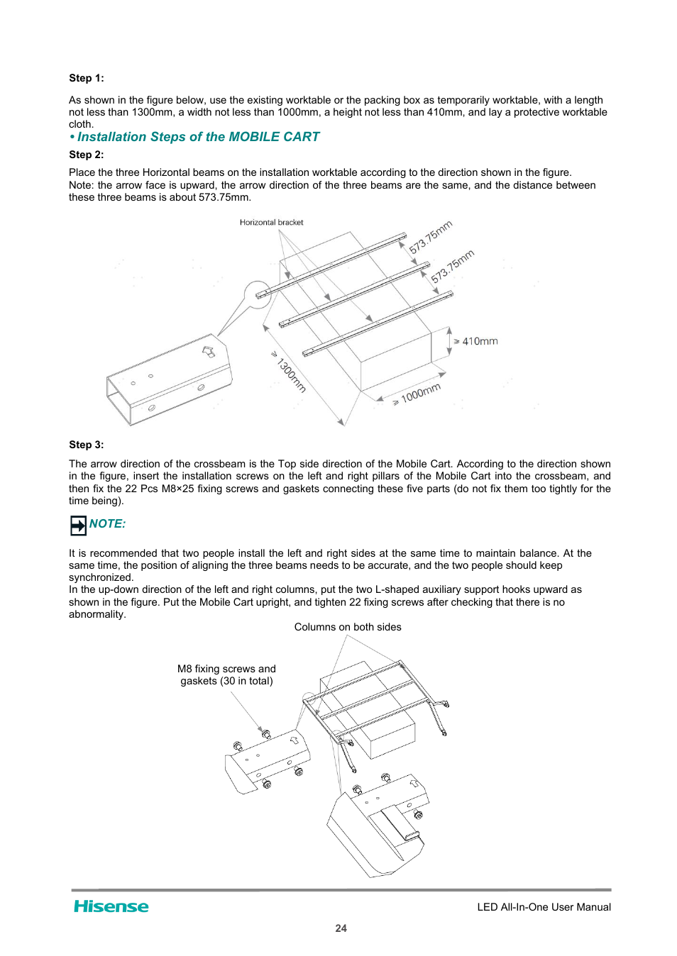 Installation steps of the mobile cart | Hisense HAIO163 163" Full HD HDR All-in-One LED Commercial Display User Manual | Page 29 / 51