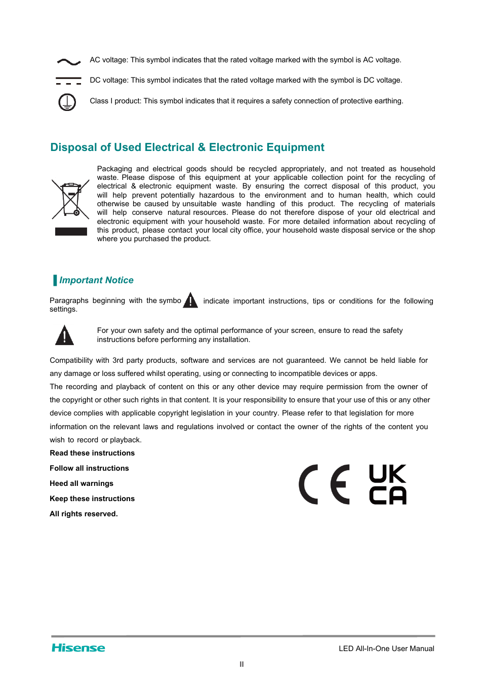 Disposal of used electrical & electronic equipment | Hisense HAIO163 163" Full HD HDR All-in-One LED Commercial Display User Manual | Page 3 / 51