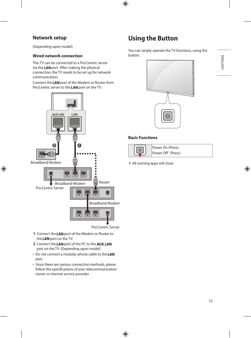 Network setup, Using the button, 15 network setup | LG UN570H Series 55" UHD 4K HDR Commercial Hospitality TV User Manual | Page 27 / 56