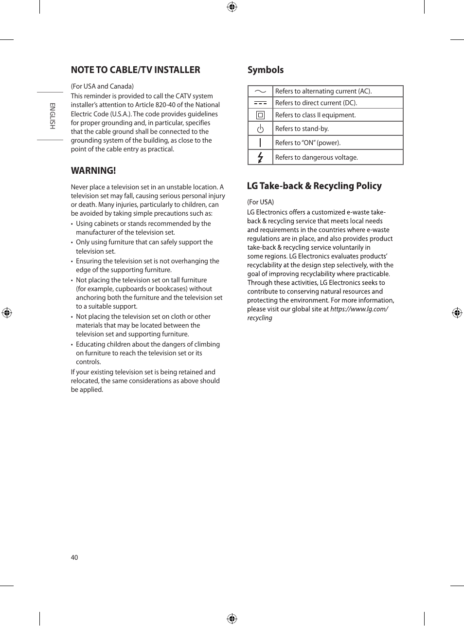 Warning, Symbols | LG UT570H 65" Class 4K UHD HDR SmHospitality LED TV User Manual | Page 48 / 52