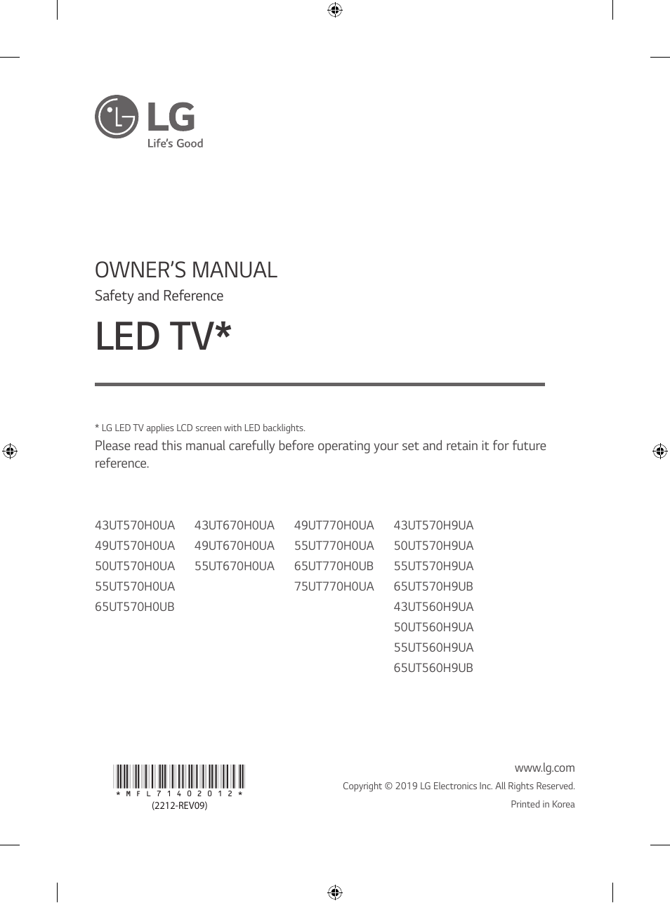 Led tv, Owner’s manual | LG UT570H 65" Class 4K UHD HDR SmHospitality LED TV User Manual | Page 9 / 52