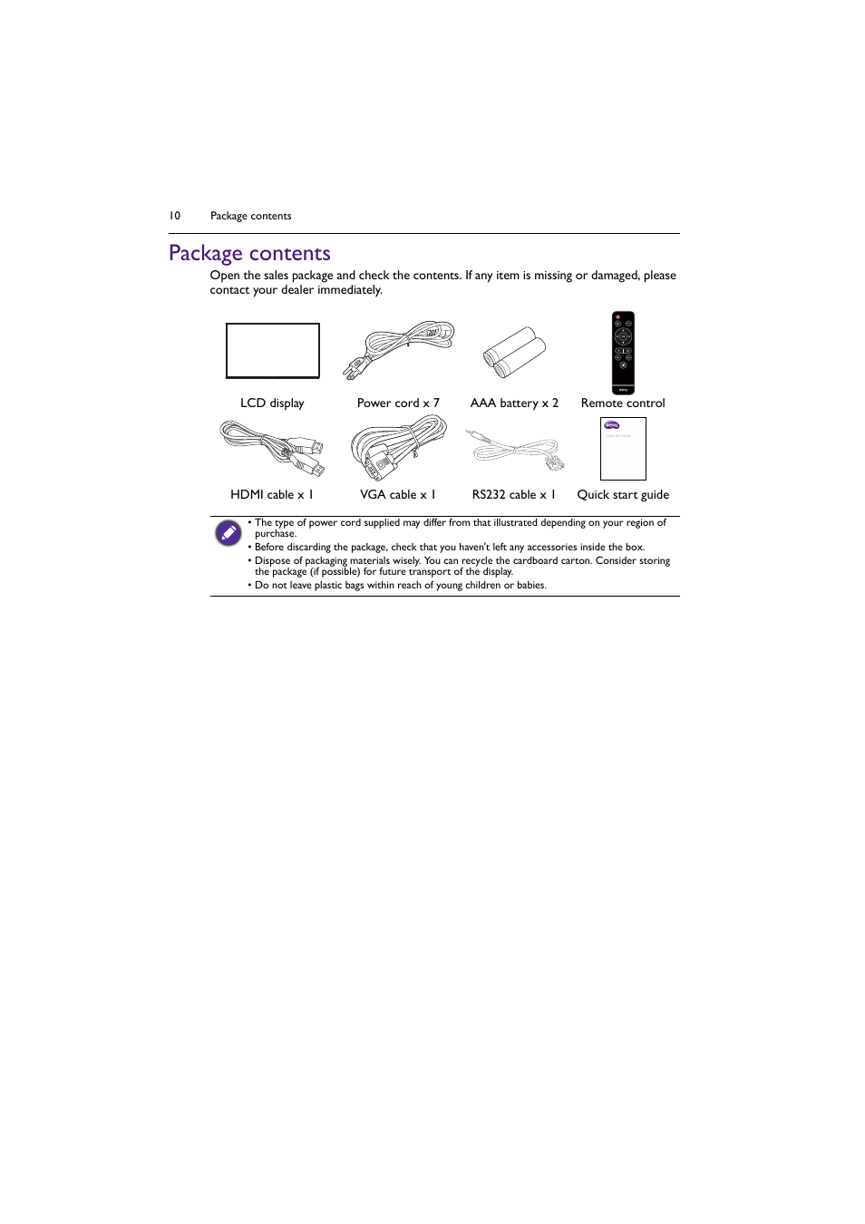 Package contents | BenQ SL4302K 43" 4K Pantone-Validated SmSignage Display User Manual | Page 10 / 63