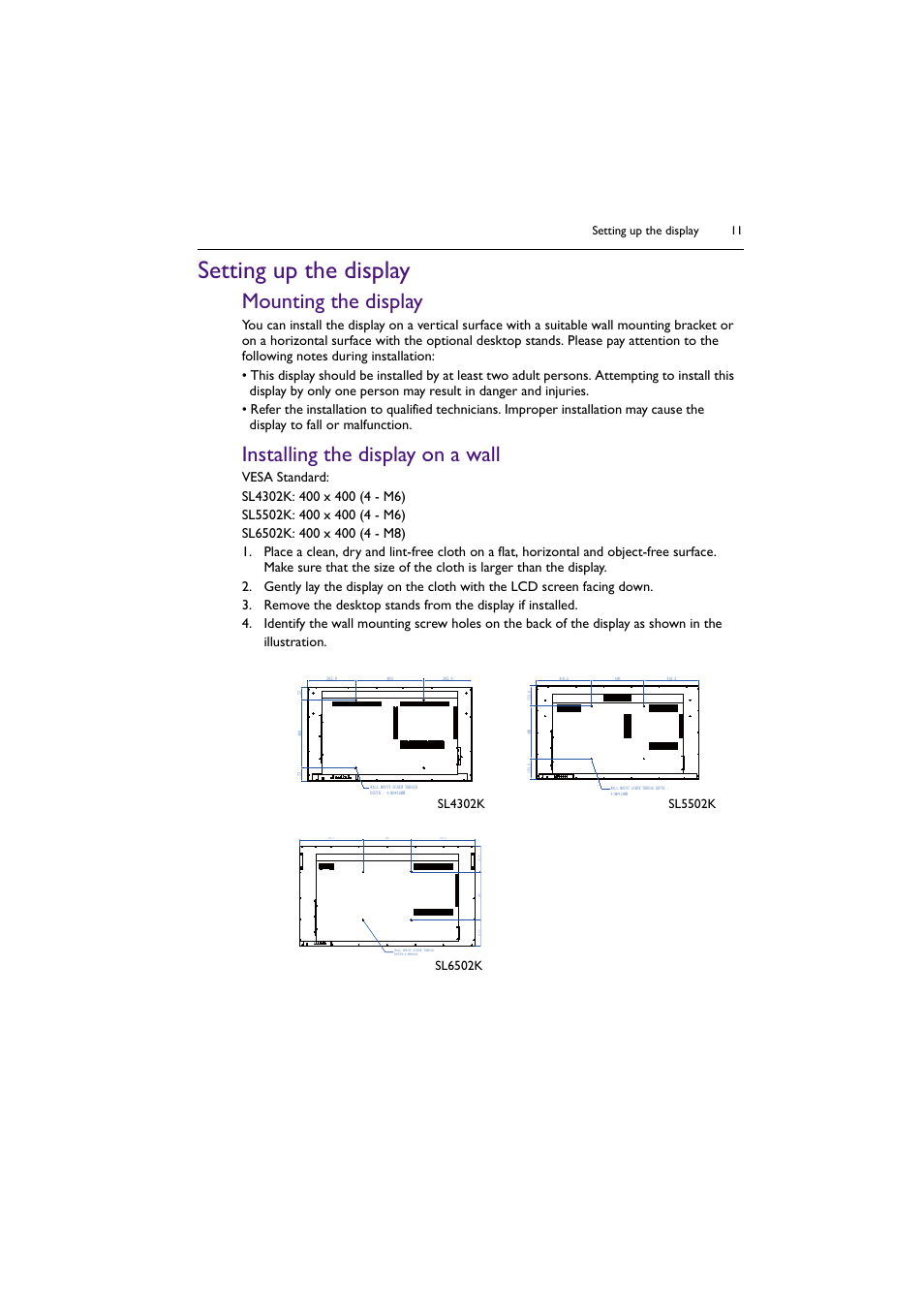 Setting up the display, Mounting the display, Installing the display on a wall | Sl4302k, Sl5502k, Sl6502k, Setting up the display 11 | BenQ SL4302K 43" 4K Pantone-Validated SmSignage Display User Manual | Page 11 / 63