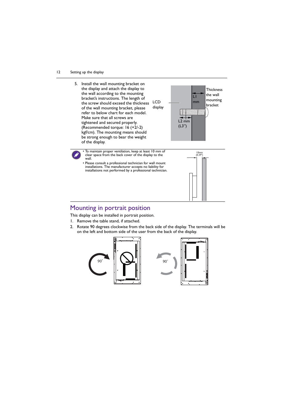 Mounting in portrait position | BenQ SL4302K 43" 4K Pantone-Validated SmSignage Display User Manual | Page 12 / 63