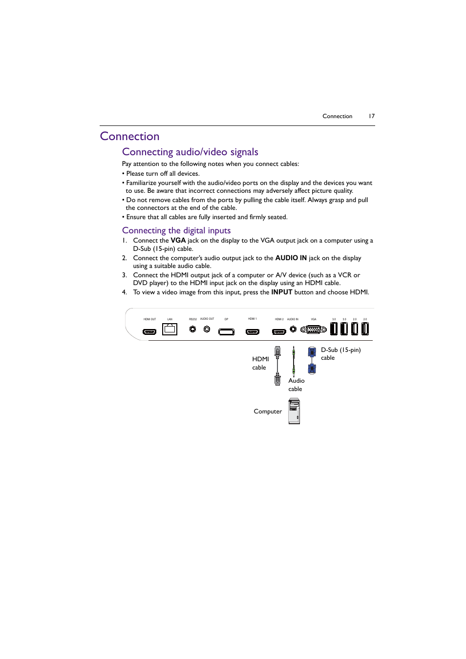 Connection, Connecting audio/video signals, Connecting the digital inputs | BenQ SL4302K 43" 4K Pantone-Validated SmSignage Display User Manual | Page 17 / 63