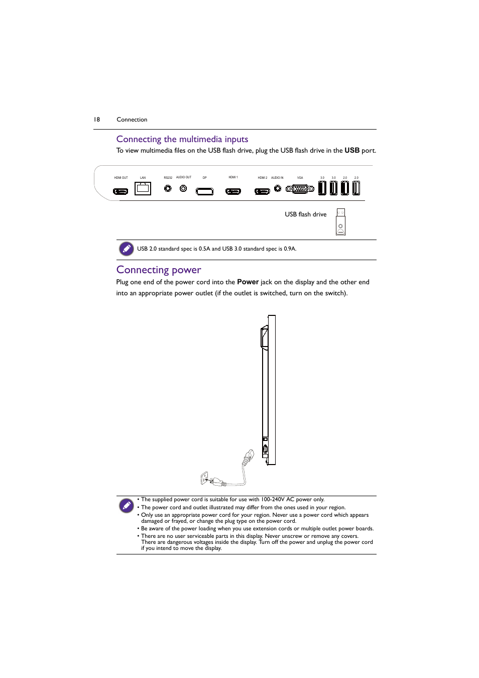 Connecting power, Connecting the multimedia inputs, Usb flash drive | BenQ SL4302K 43" 4K Pantone-Validated SmSignage Display User Manual | Page 18 / 63