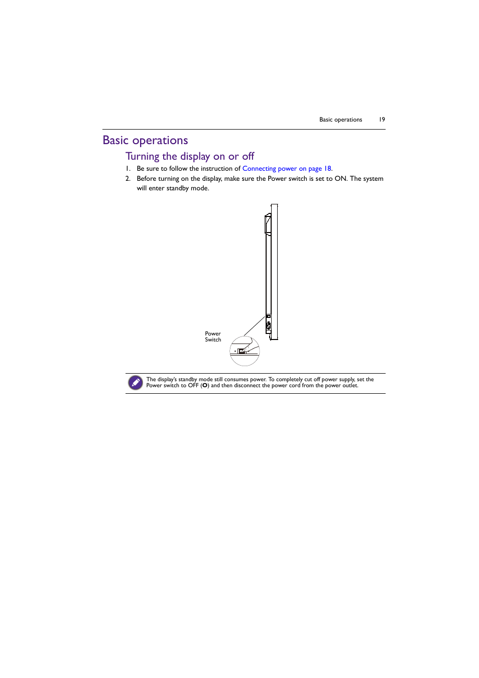 Basic operations, Turning the display on or off | BenQ SL4302K 43" 4K Pantone-Validated SmSignage Display User Manual | Page 19 / 63