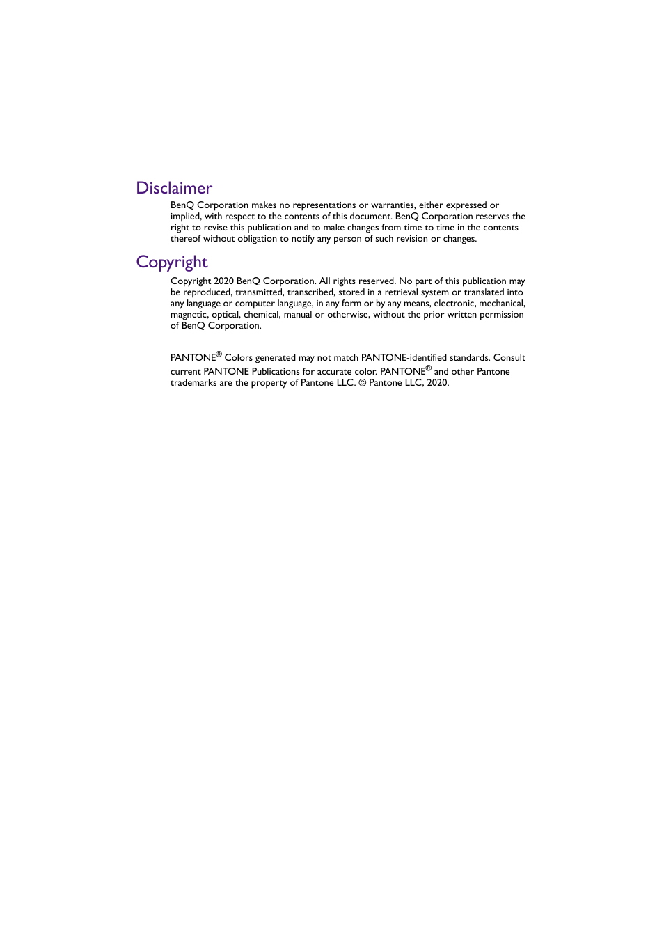 Disclaimer, Copyright | BenQ SL4302K 43" 4K Pantone-Validated SmSignage Display User Manual | Page 2 / 63
