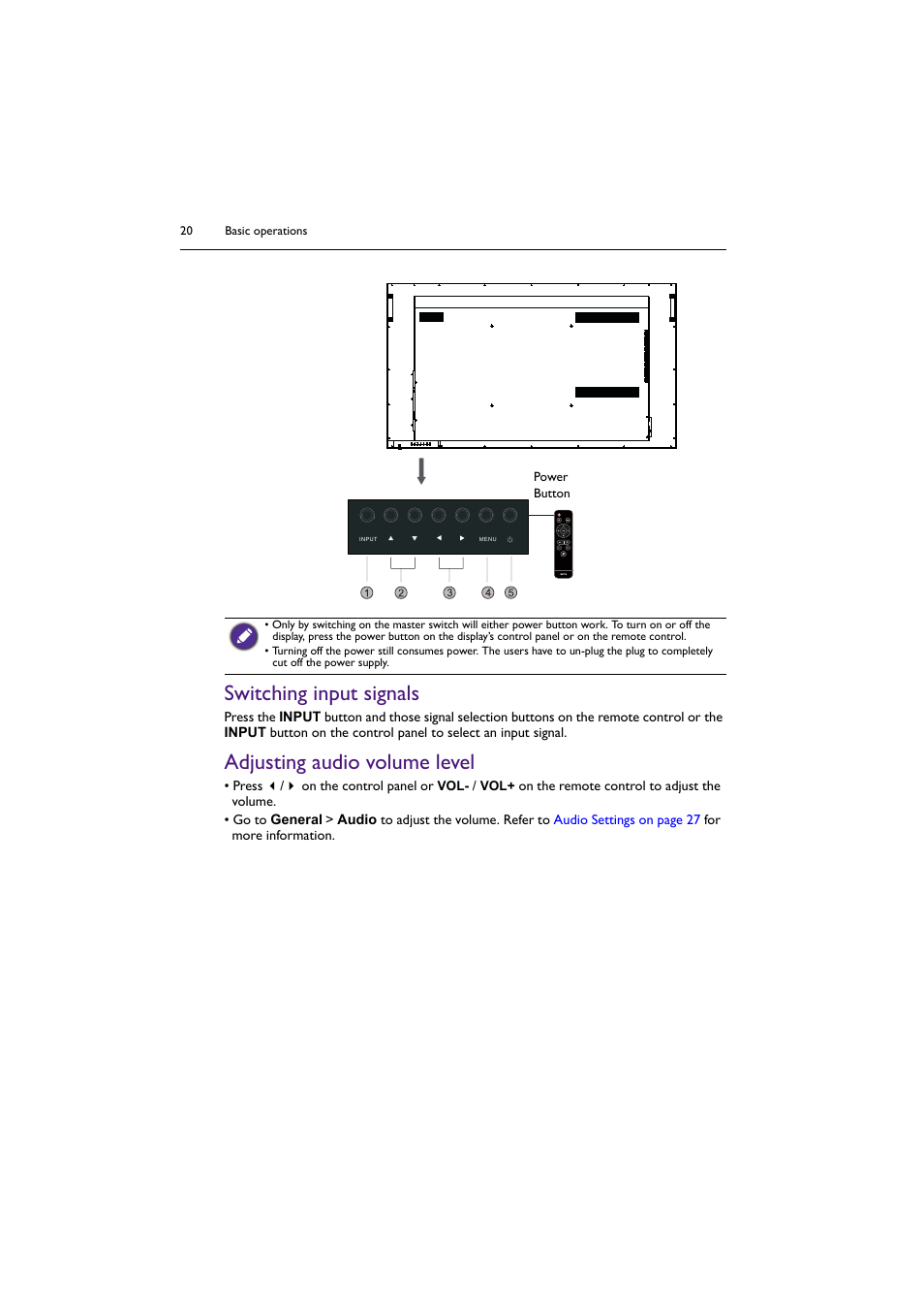 Switching input signals, Adjusting audio volume level | BenQ SL4302K 43" 4K Pantone-Validated SmSignage Display User Manual | Page 20 / 63
