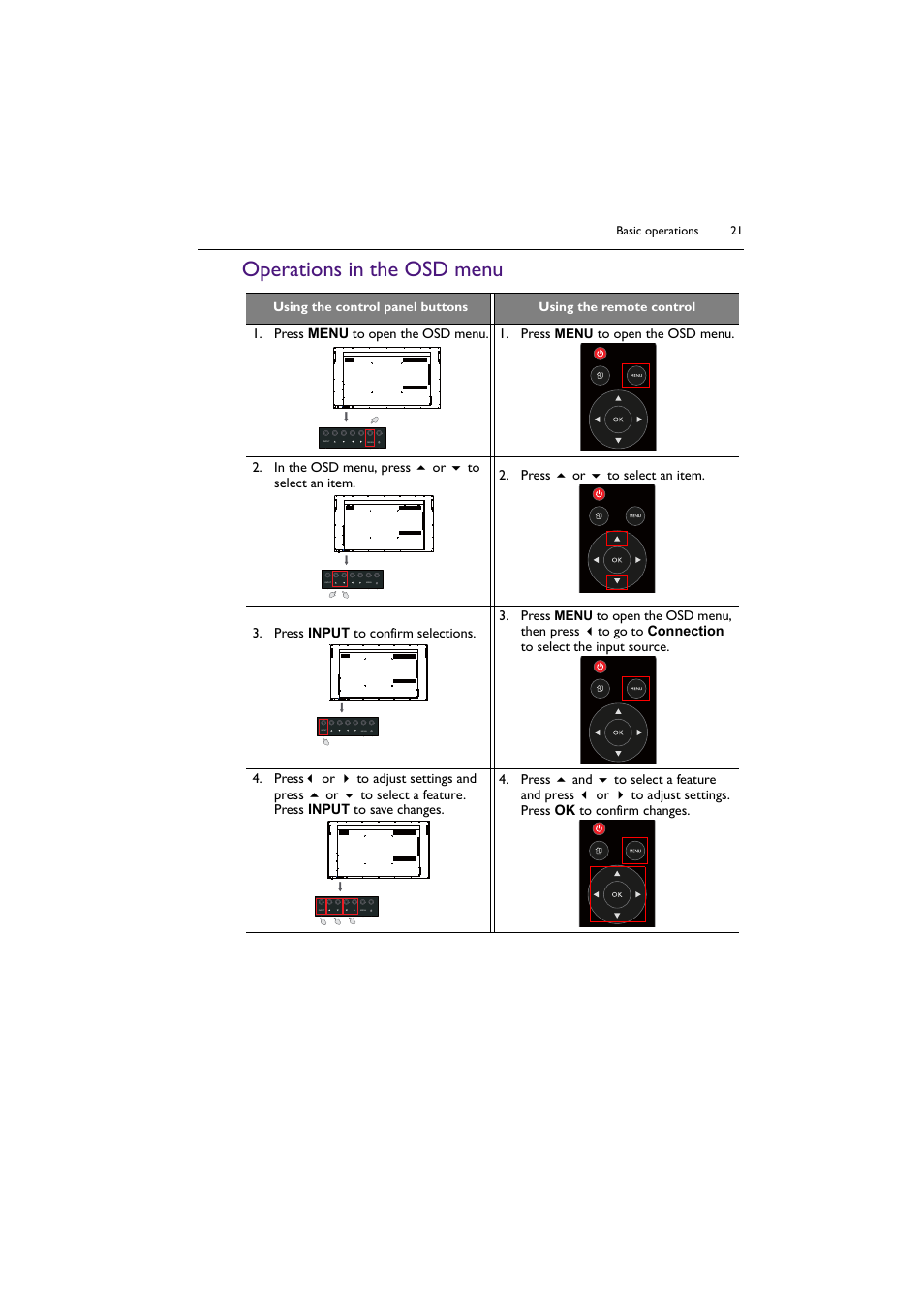Operations in the osd menu | BenQ SL4302K 43" 4K Pantone-Validated SmSignage Display User Manual | Page 21 / 63