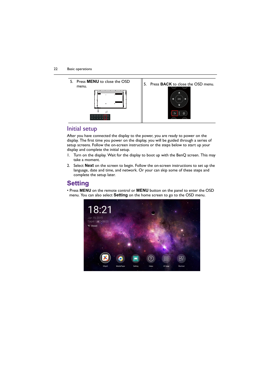 Initial setup, Setting | BenQ SL4302K 43" 4K Pantone-Validated SmSignage Display User Manual | Page 22 / 63