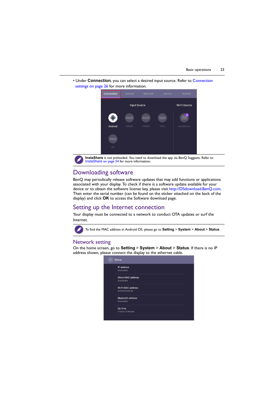 Downloading software, Setting up the internet connection, Network setting | BenQ SL4302K 43" 4K Pantone-Validated SmSignage Display User Manual | Page 23 / 63
