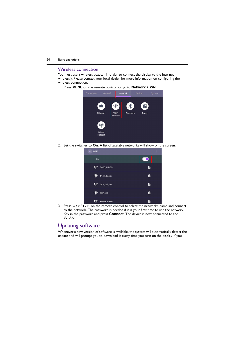 Updating software, Wireless connection | BenQ SL4302K 43" 4K Pantone-Validated SmSignage Display User Manual | Page 24 / 63