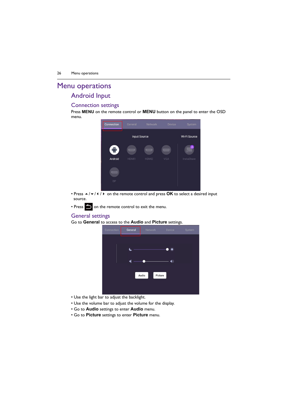 Menu operations, Android input, Connection | Connection settings, General settings | BenQ SL4302K 43" 4K Pantone-Validated SmSignage Display User Manual | Page 26 / 63