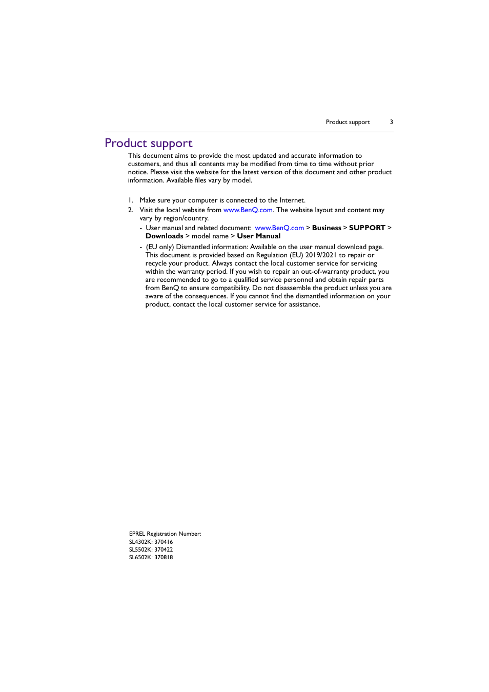 Product support | BenQ SL4302K 43" 4K Pantone-Validated SmSignage Display User Manual | Page 3 / 63