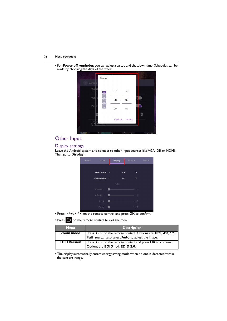 Other input, Display settings | BenQ SL4302K 43" 4K Pantone-Validated SmSignage Display User Manual | Page 36 / 63