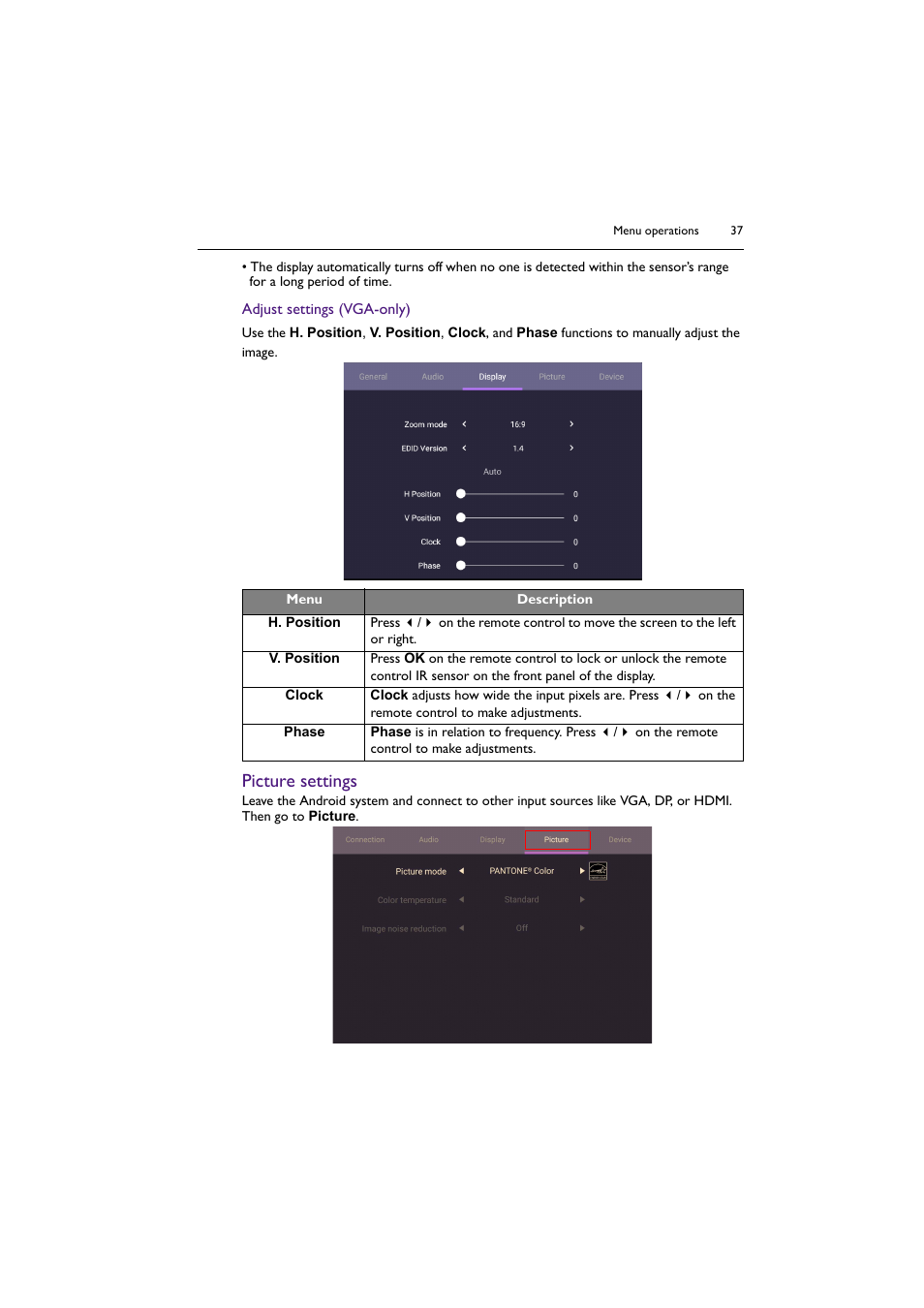 Picture settings | BenQ SL4302K 43" 4K Pantone-Validated SmSignage Display User Manual | Page 37 / 63