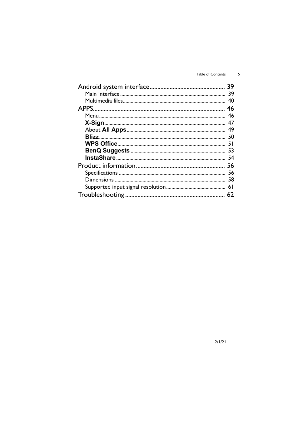 Android system interface, Apps, Product information | Troubleshooting | BenQ SL4302K 43" 4K Pantone-Validated SmSignage Display User Manual | Page 5 / 63