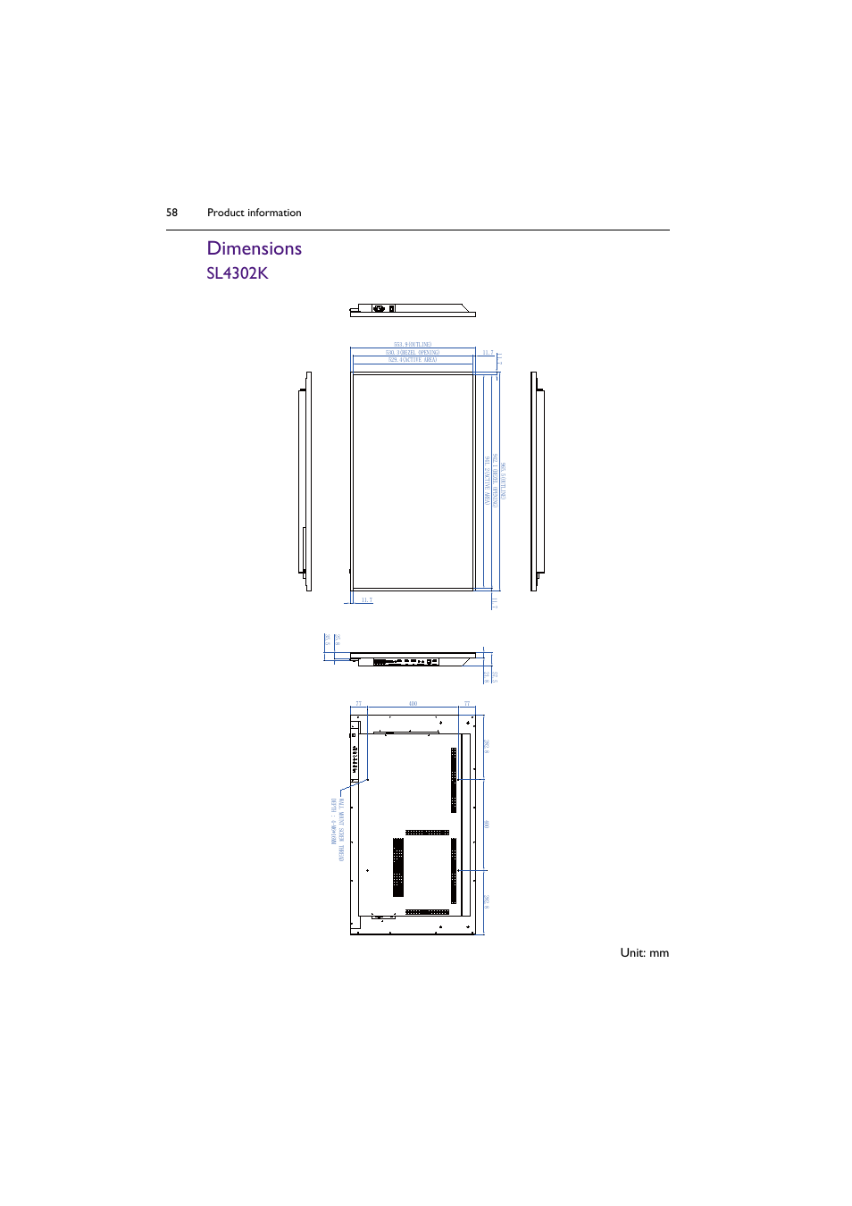 Dimensions, Sl4302k, Unit: mm | Product information 58 | BenQ SL4302K 43" 4K Pantone-Validated SmSignage Display User Manual | Page 58 / 63