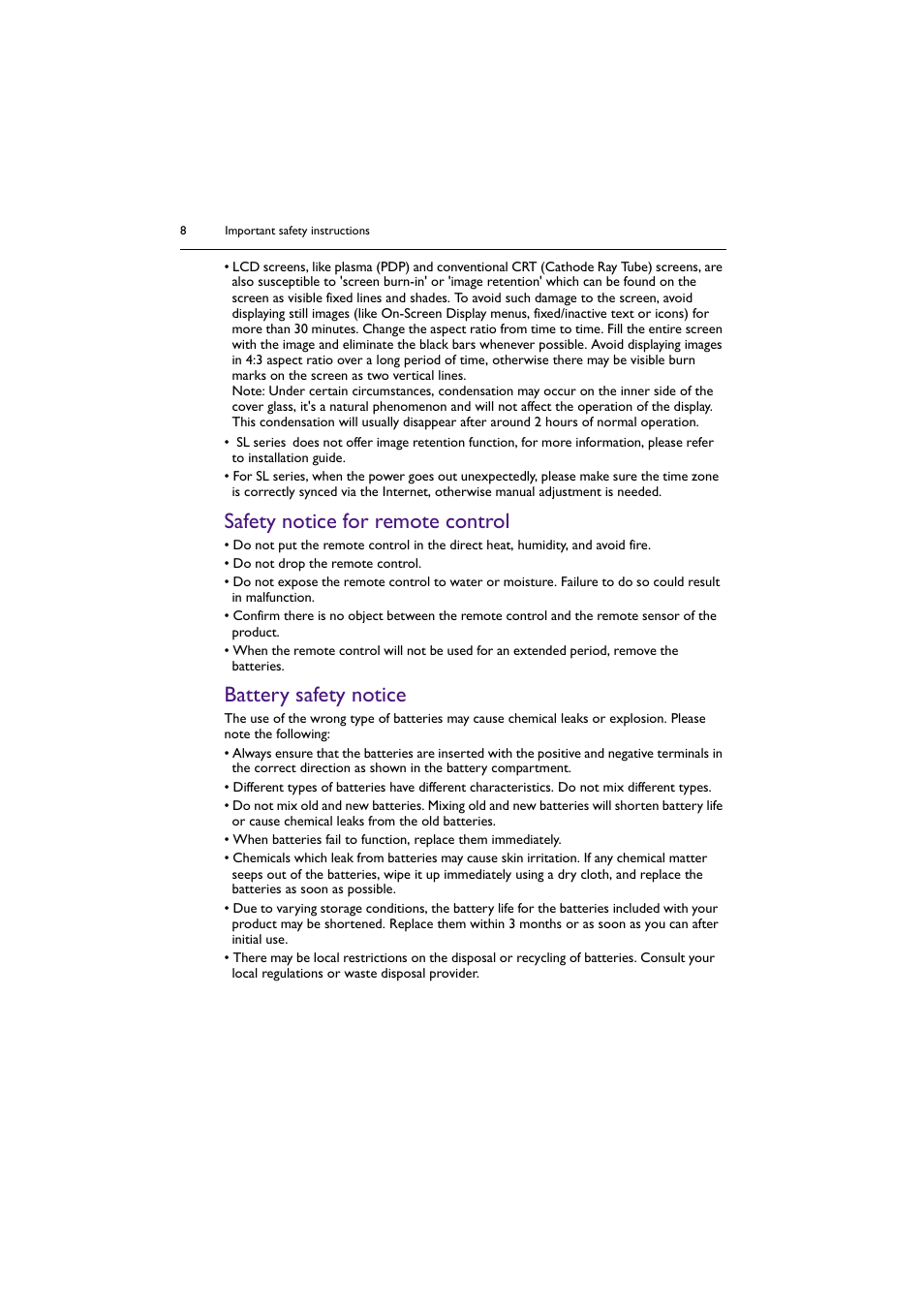 Safety notice for remote control, Battery safety notice | BenQ SL4302K 43" 4K Pantone-Validated SmSignage Display User Manual | Page 8 / 63