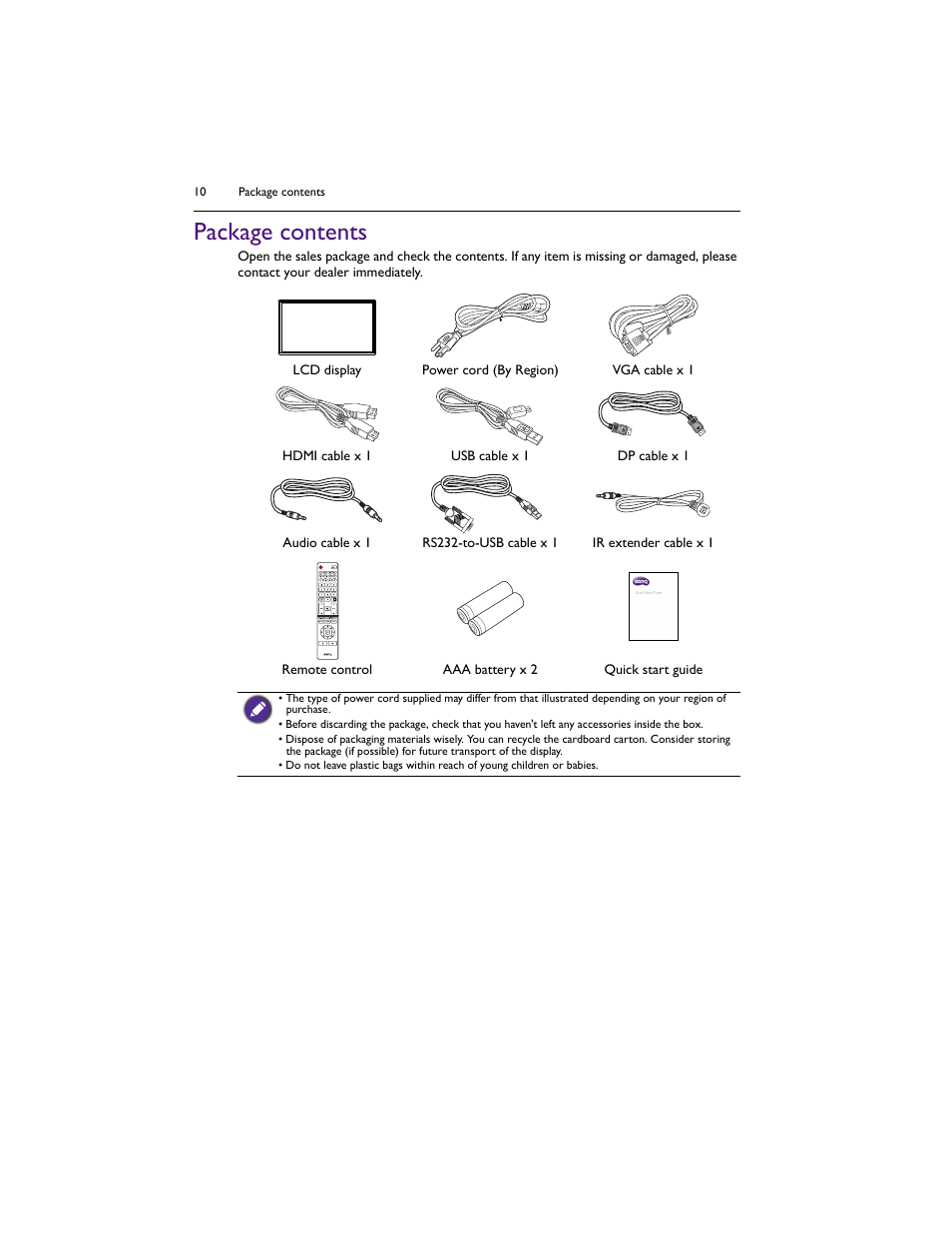 Package contents | BenQ IL5501 55" SmInteractive Signage Display User Manual | Page 10 / 74