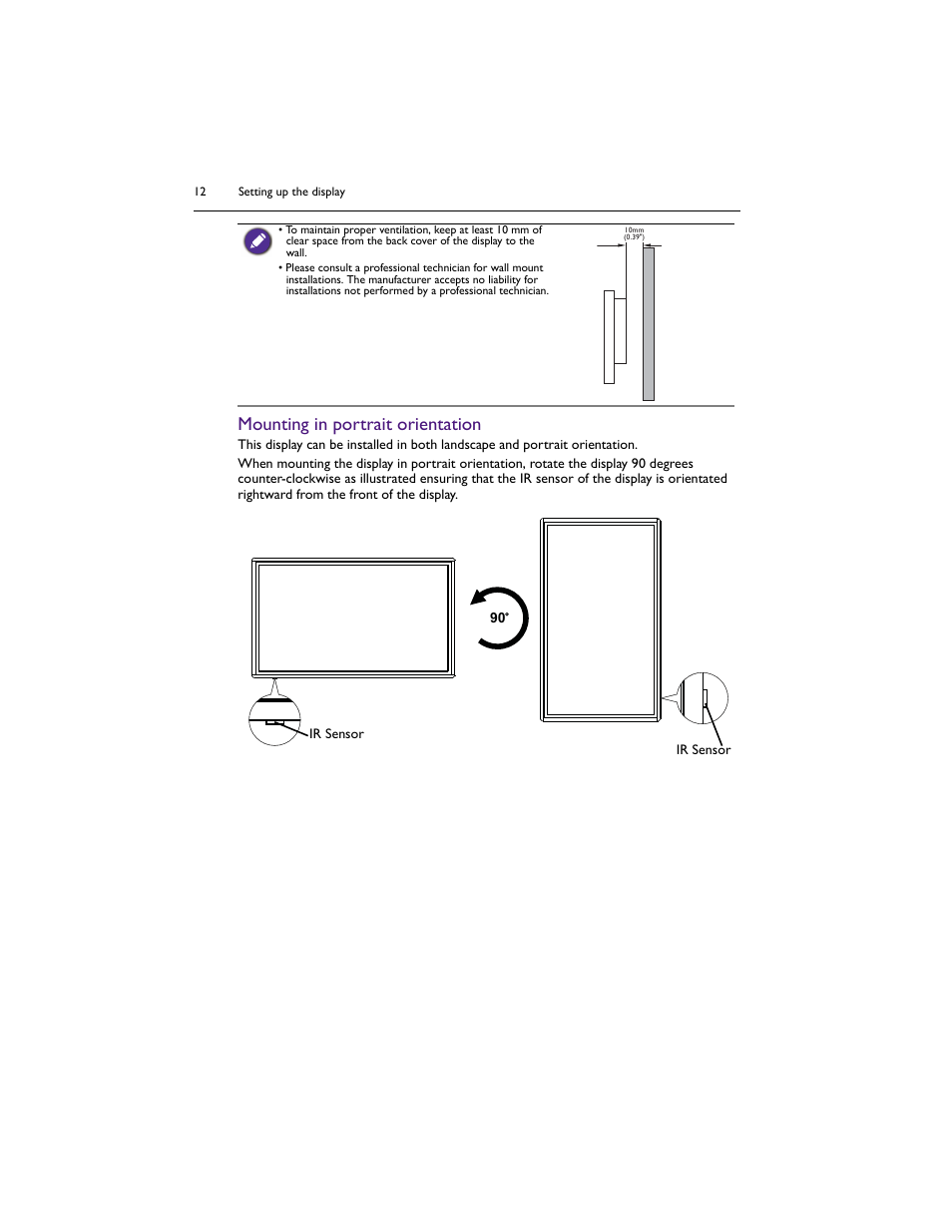 Mounting in portrait orientation | BenQ IL5501 55" SmInteractive Signage Display User Manual | Page 12 / 74