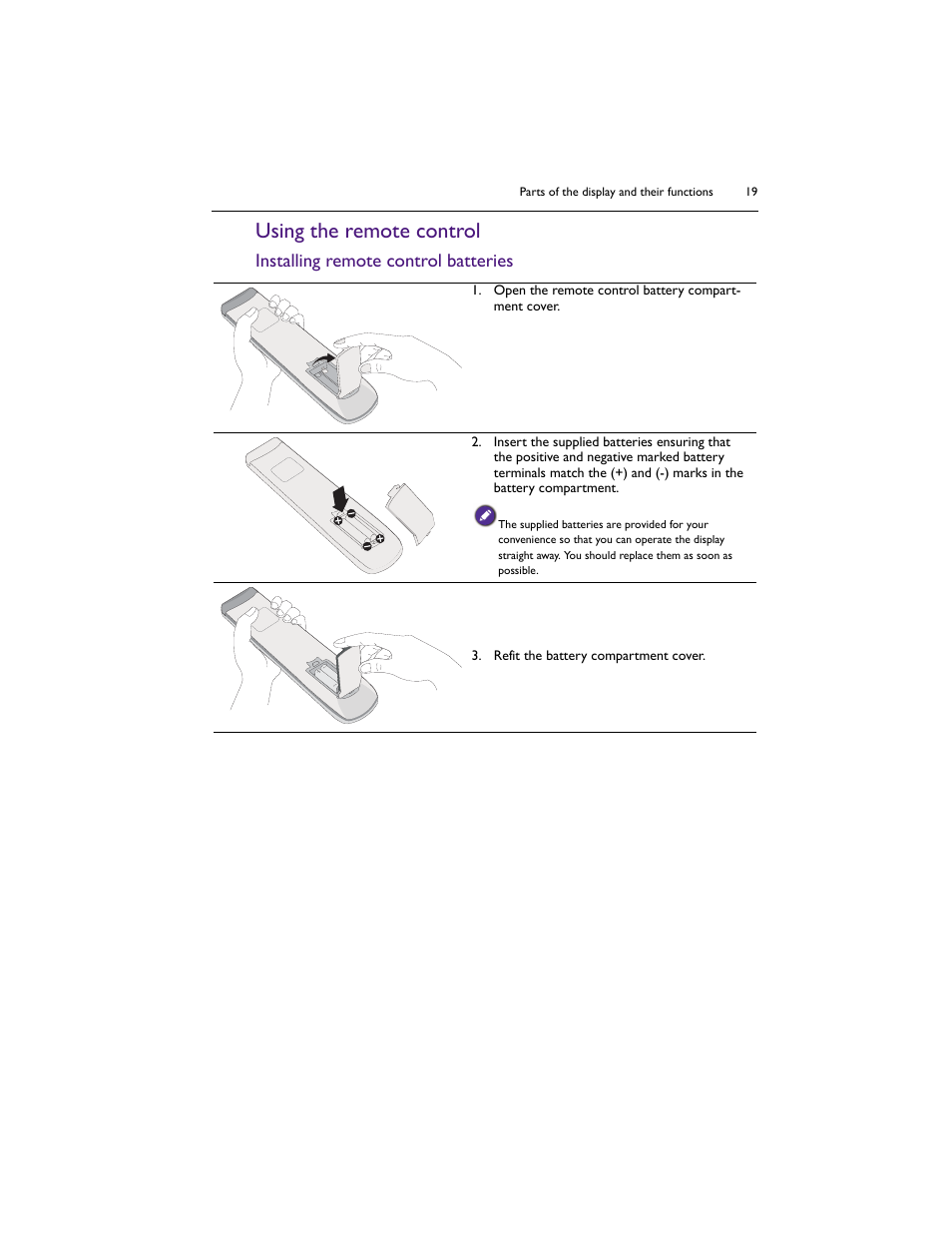 Using the remote control, Installing remote control batteries | BenQ IL5501 55" SmInteractive Signage Display User Manual | Page 19 / 74