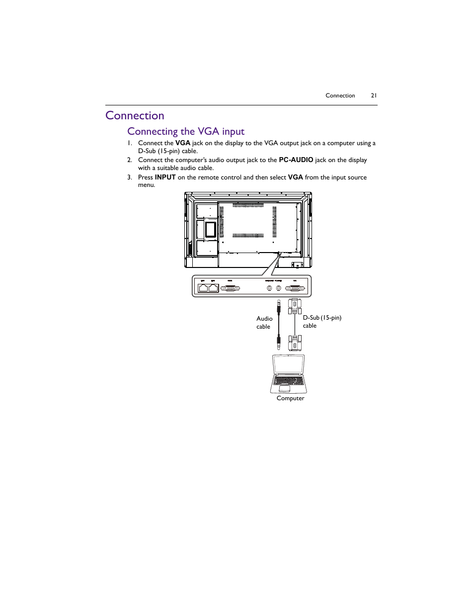 Connection, Connecting the vga input | BenQ IL5501 55" SmInteractive Signage Display User Manual | Page 21 / 74