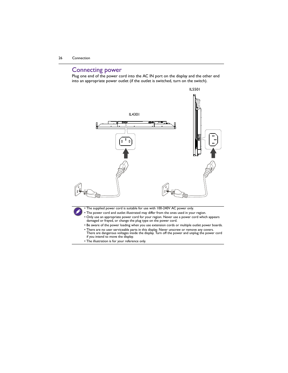 Connecting power | BenQ IL5501 55" SmInteractive Signage Display User Manual | Page 26 / 74