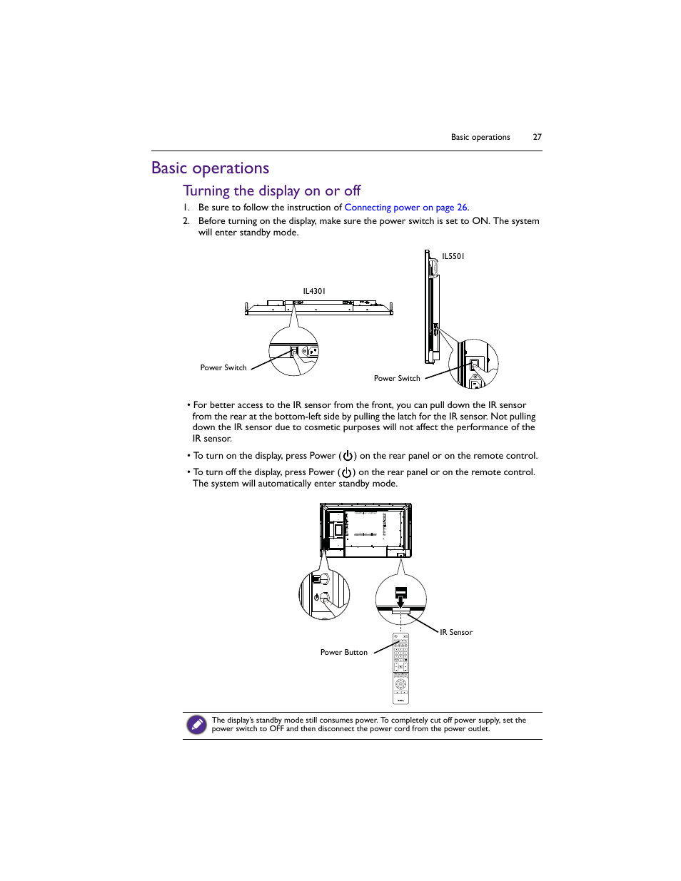 Basic operations, Turning the display on or off | BenQ IL5501 55" SmInteractive Signage Display User Manual | Page 27 / 74