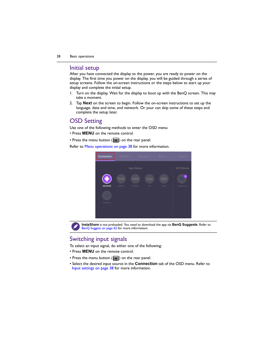 Initial setup, Osd setting, Switching input signals | Initial setup osd setting switching input signals | BenQ IL5501 55" SmInteractive Signage Display User Manual | Page 28 / 74