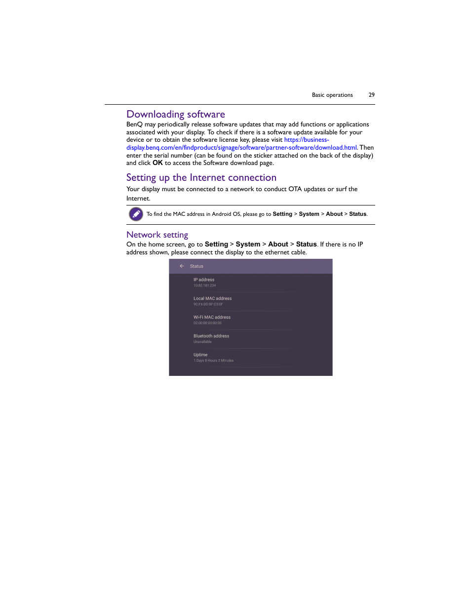 Downloading software, Setting up the internet connection, Network setting | BenQ IL5501 55" SmInteractive Signage Display User Manual | Page 29 / 74