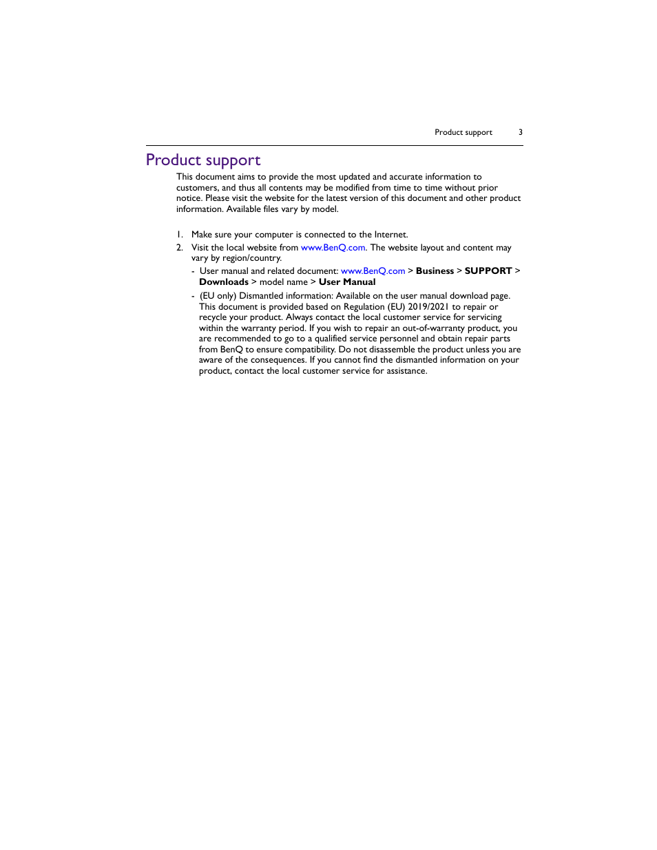 Product support | BenQ IL5501 55" SmInteractive Signage Display User Manual | Page 3 / 74