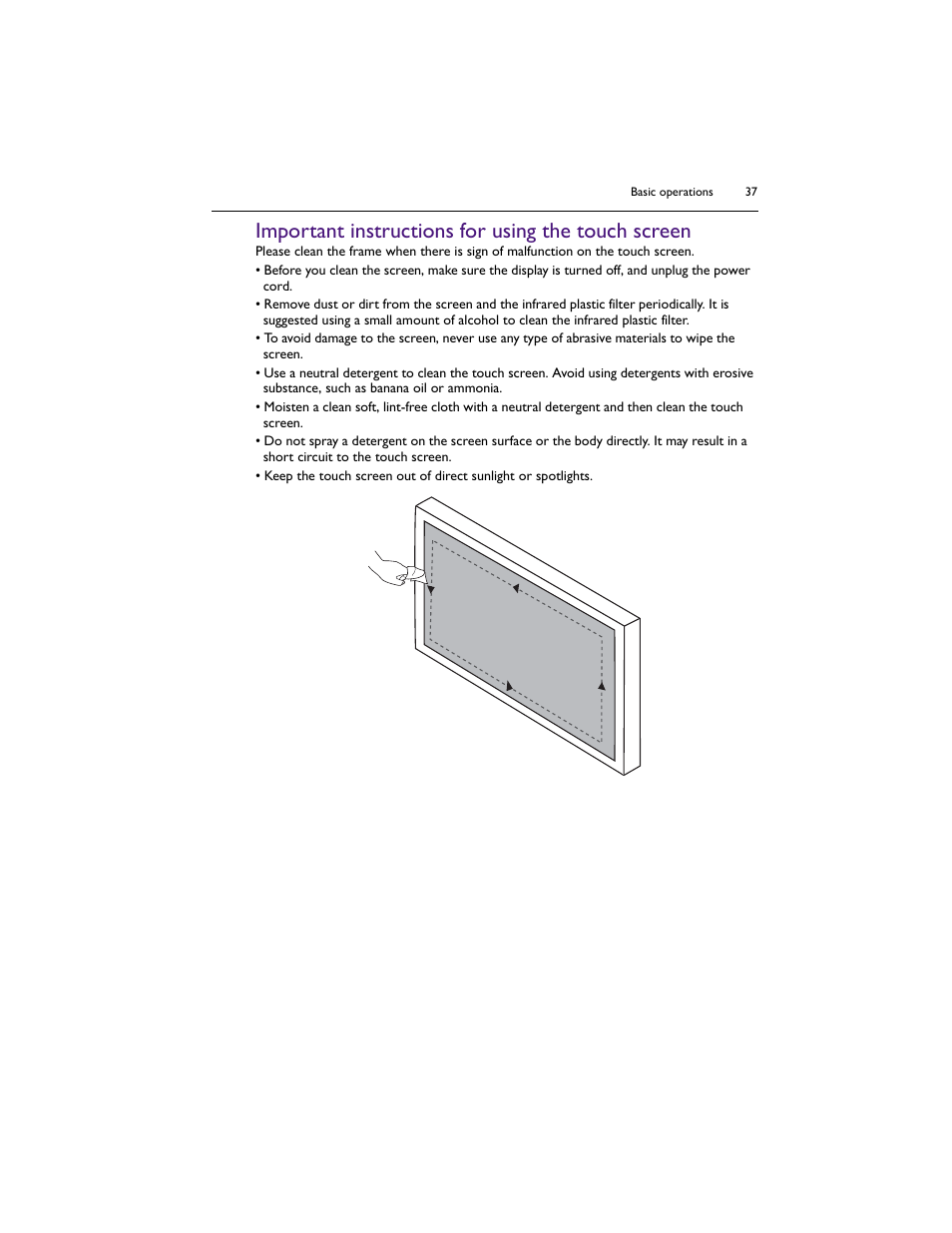 Important instructions for using the touch screen | BenQ IL5501 55" SmInteractive Signage Display User Manual | Page 37 / 74