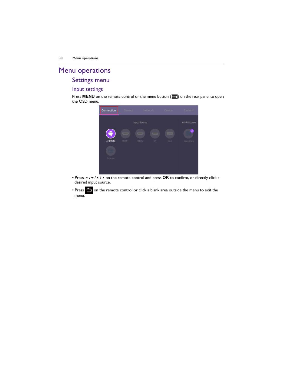 Menu operations, Settings menu, Input settings | BenQ IL5501 55" SmInteractive Signage Display User Manual | Page 38 / 74