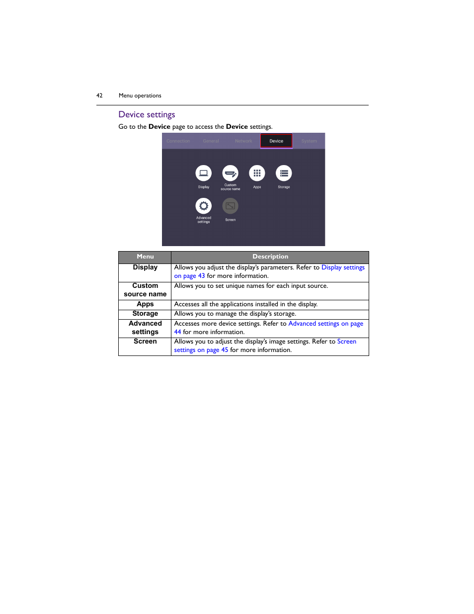 Device settings | BenQ IL5501 55" SmInteractive Signage Display User Manual | Page 42 / 74